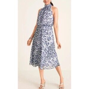 Adrianna Papell Purple Animal Print Midi Halter Tie Dress Womes 14 Wedding Party